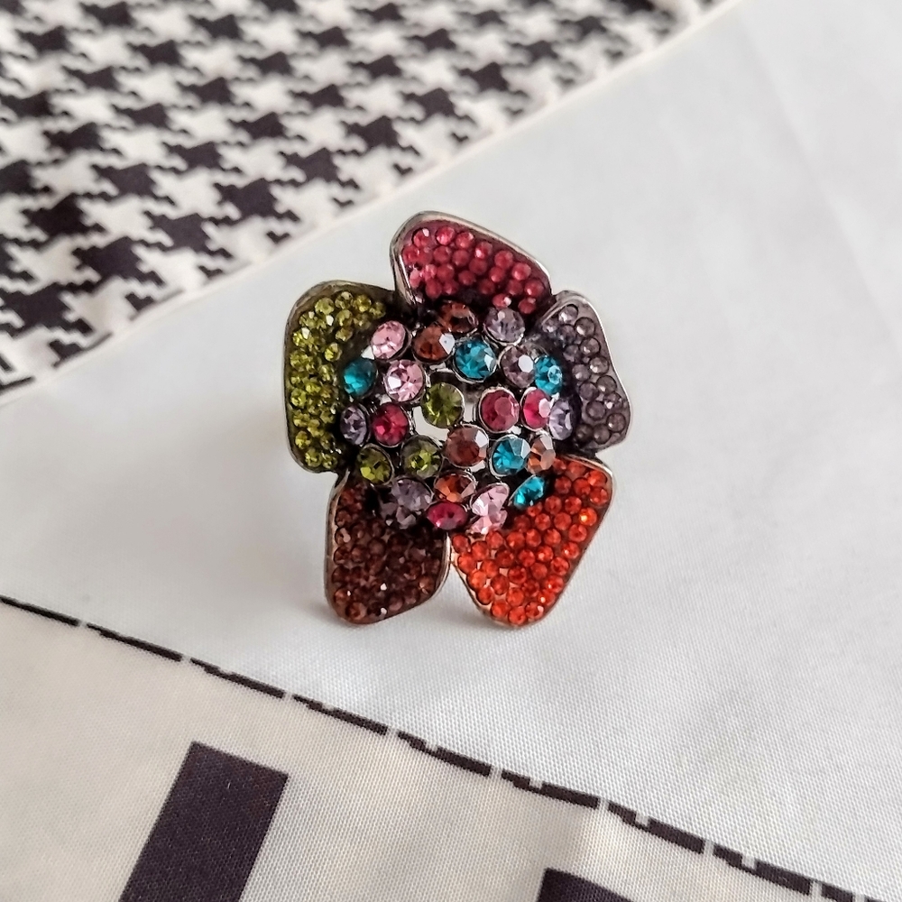 Large Flower Rhinestone Multicolor Accent Ring